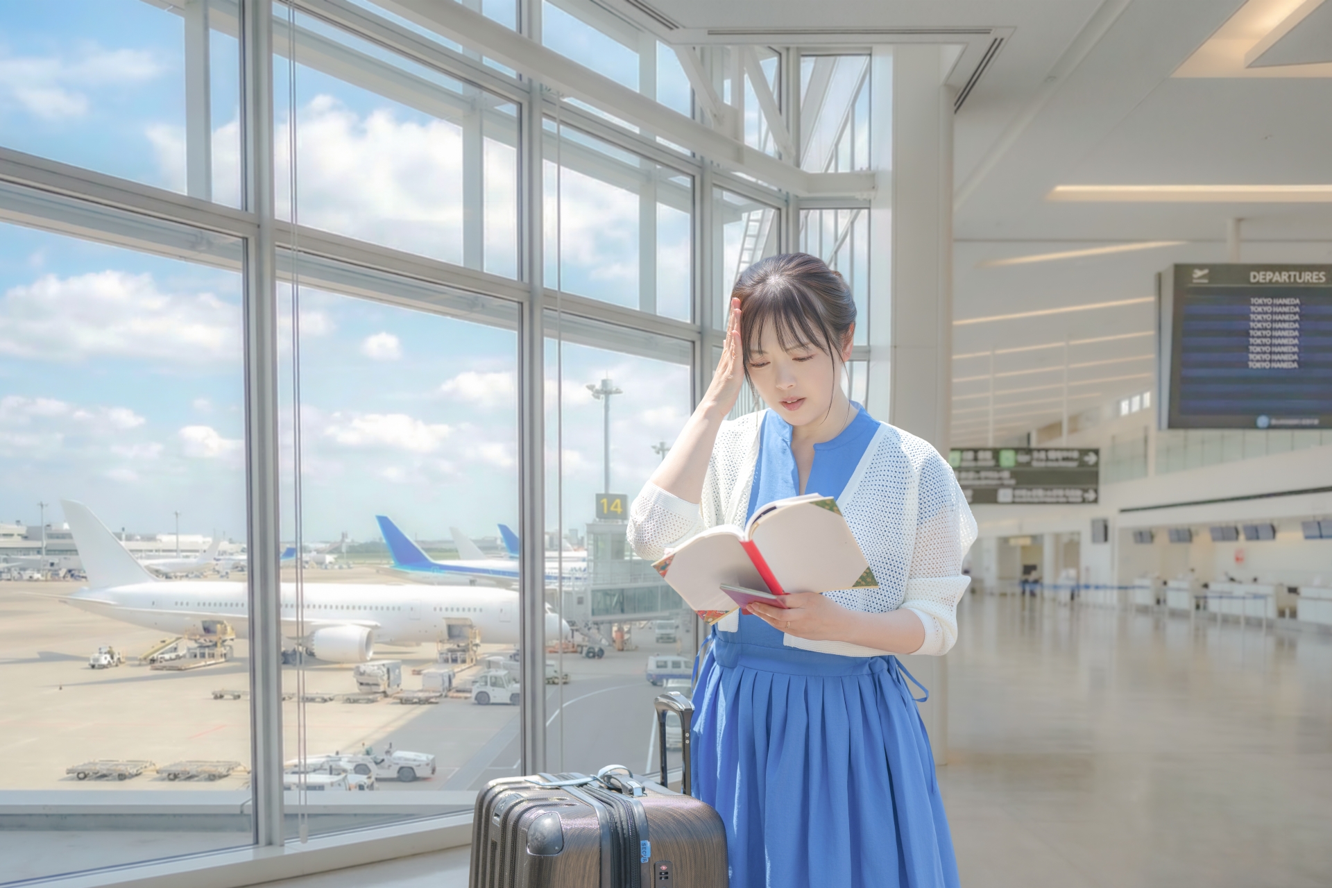 在機場查看筆記並露出困擾表情的旅客